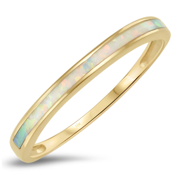 10k Solid Yellow Gold White Simulated Opal Band Ring