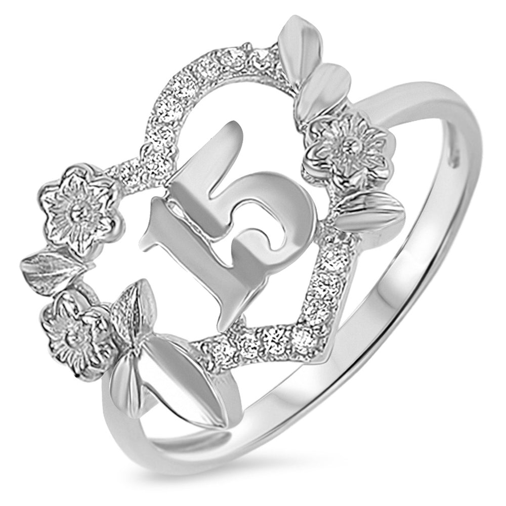 Sterling Silver 925 Quinceanera Flower Heart Ring