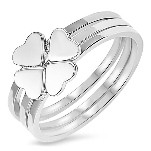 Sterling Silver 925 Four Leaf Clover Heart Band Ring