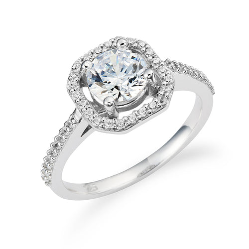 Sterling Silver 925 Round Cut 1.0 Carat CZ Engagement Ring with Squared Halo