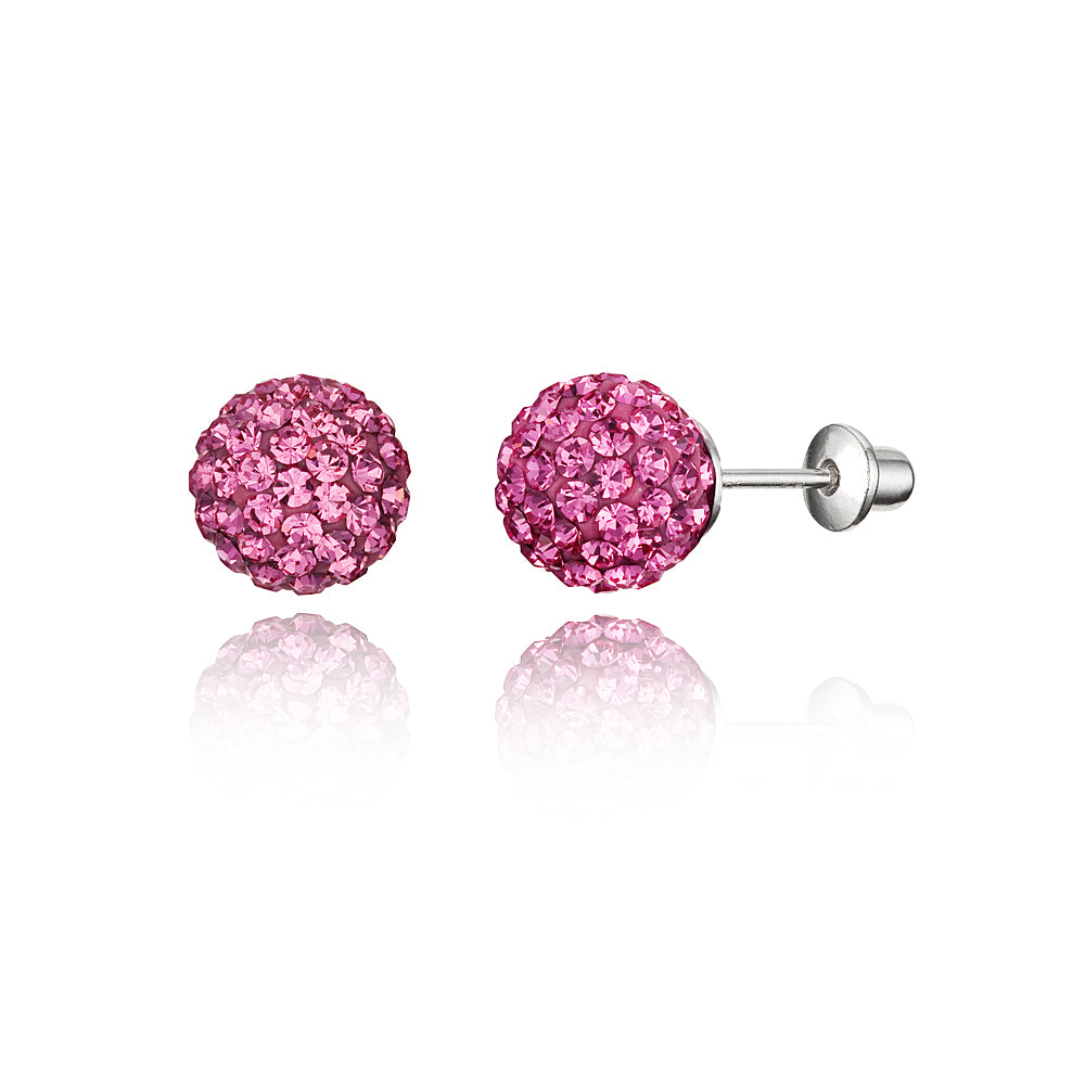 Sterling Silver 925 6 mm Lollipop Pink Crystal Ball Stud Screwback Earrings