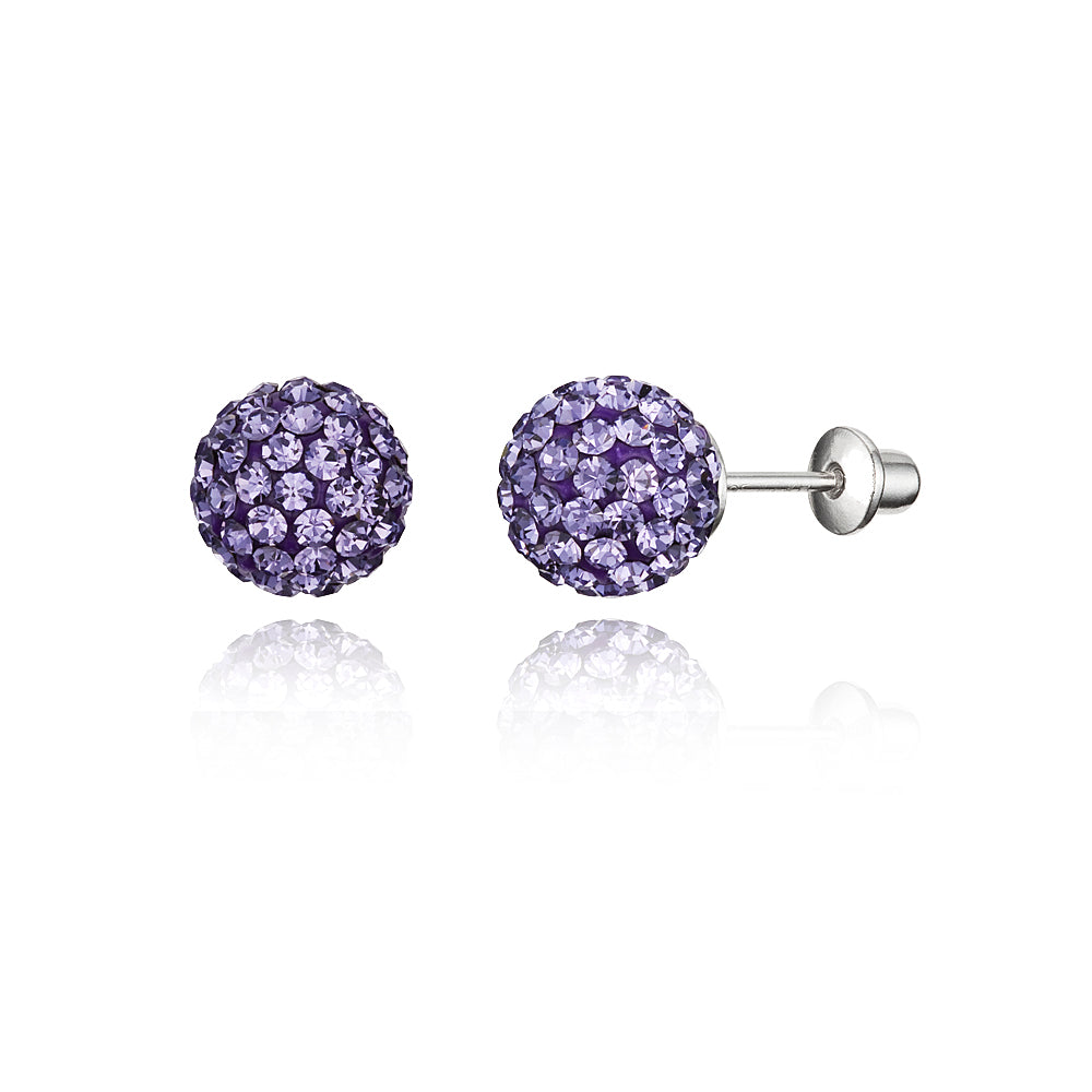 Sterling Silver 925 6 mm Lollipop Purple Crystal Ball Stud Screwback Earrings