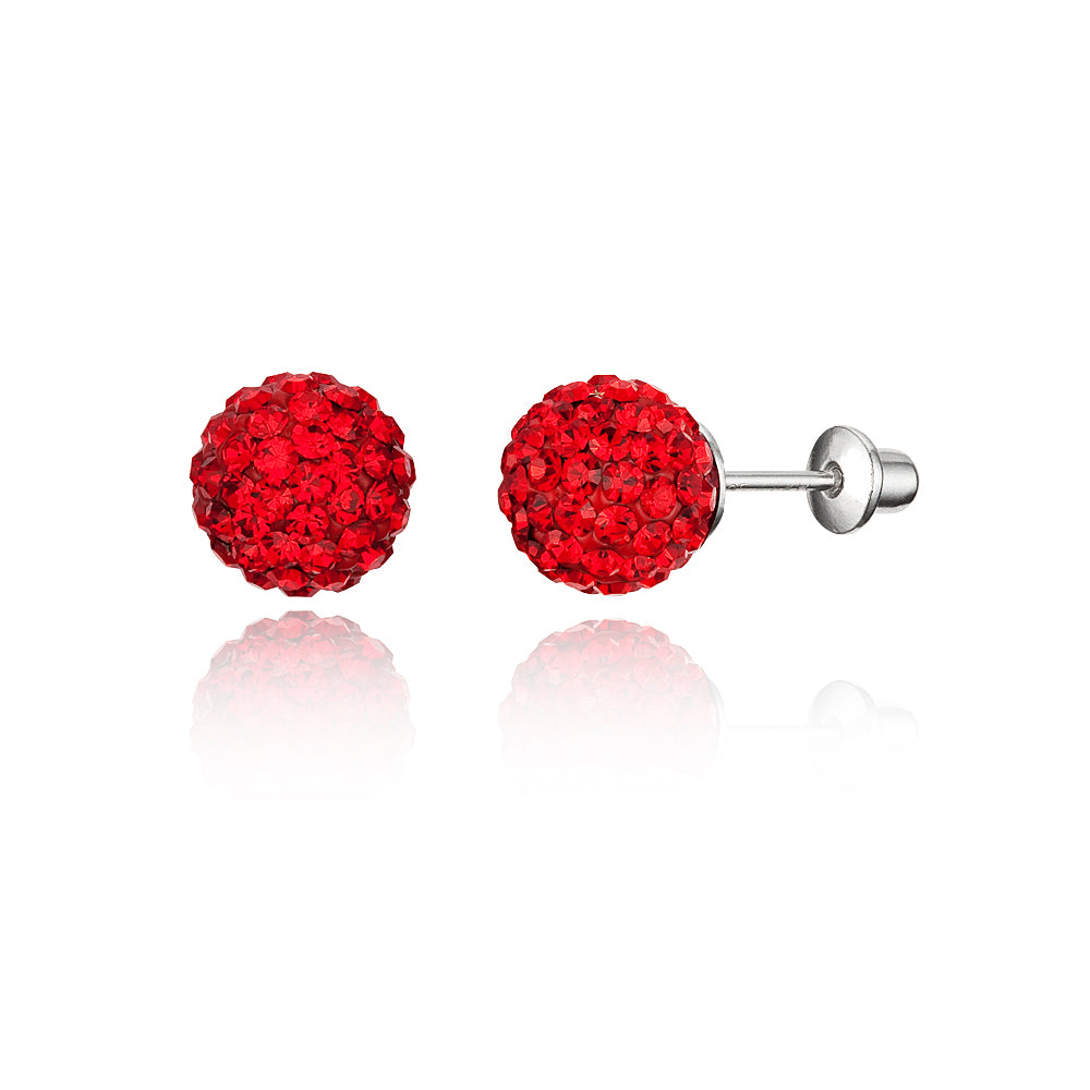 Sterling Silver 925 6 mm Lollipop Red Crystal Ball Stud Screwback Earrings